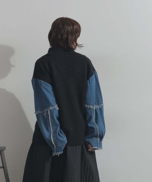 HD2510024 袖デニムジップニット  black