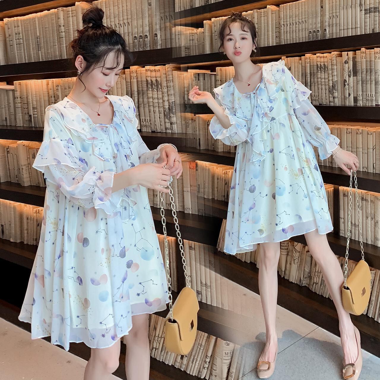 【新作】【送料無料】 8107＃マタニティ服春秋シフォン長袖ゆったりとしたスタイリッシュなドレス妊婦ママドレス ロング スプリング 春物 オータム 秋物 AL expec316492852646