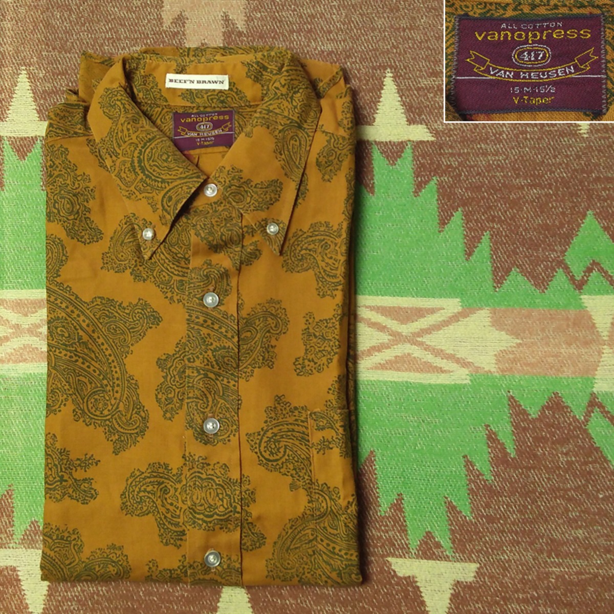 60s VAN HEUSEN B/D Paisley Print Cotton Shirt （M） DEAD-STOCK 