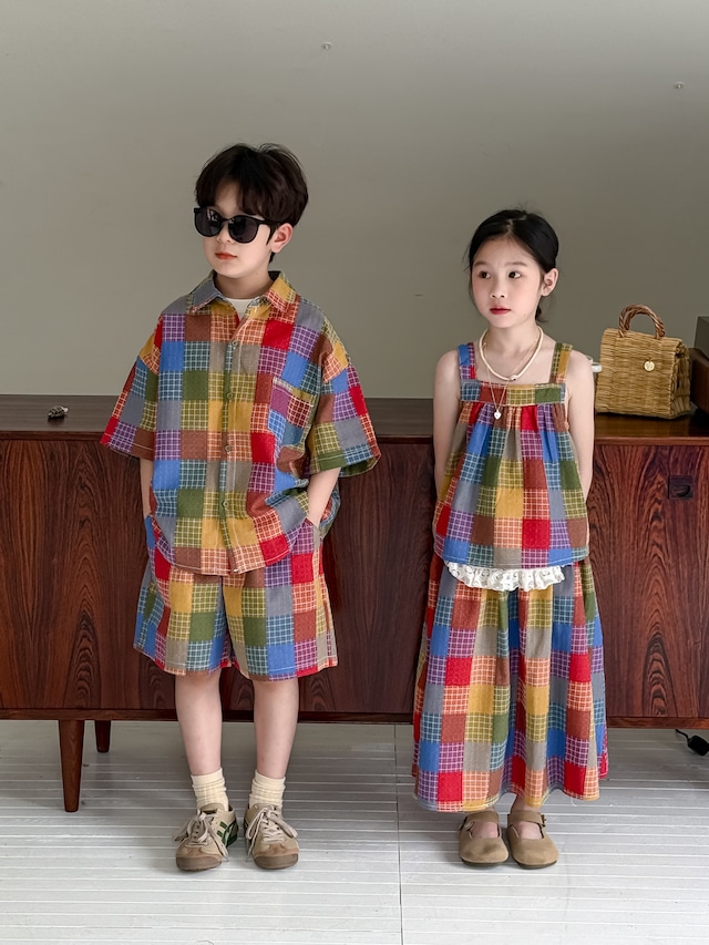 【兄妹服】カラフルチェックシャツ上下セット/ブラウススカートセット - 12