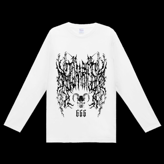 ★【lunalyオリジナル】666GOATSKULL DEATHMETALロゴテイストホワイトブラックロゴTシャツ（ori_0075）