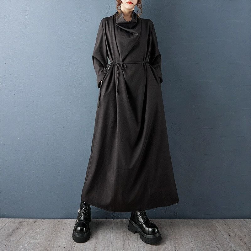 BLACK OFF HIGH-NECK SPLIT HEM LONG PULLOVER DRESS 1color M-14747