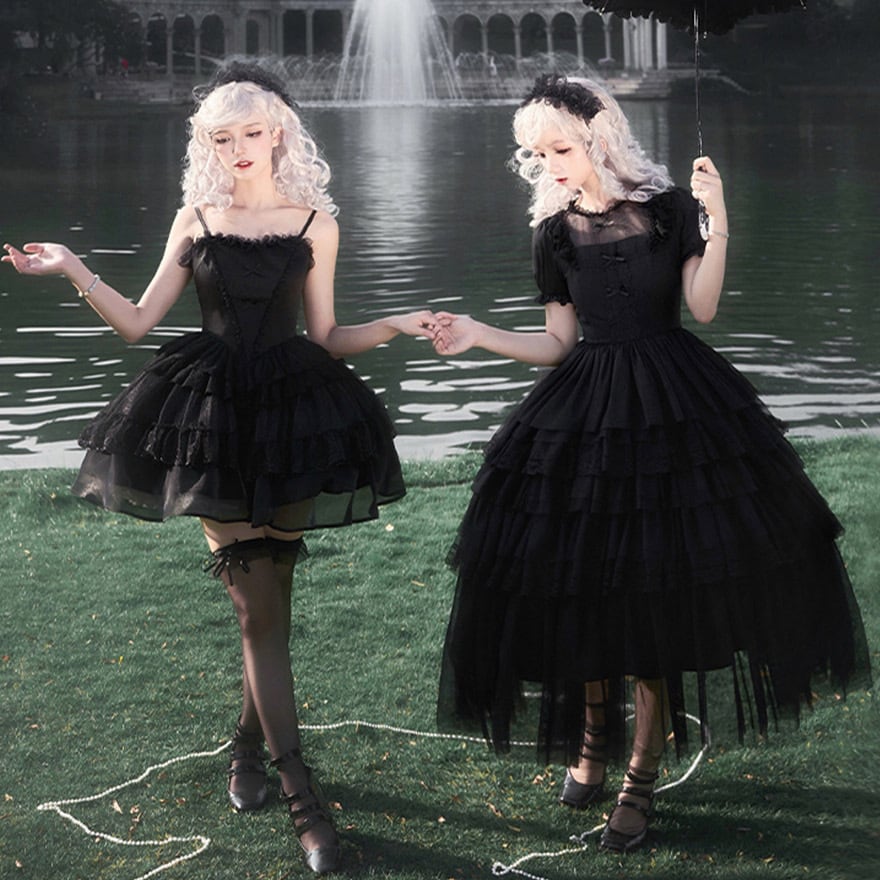 SEASONZ 半袖ワンピース フリル レース パフスリーブ 透け感 ゴスロリ