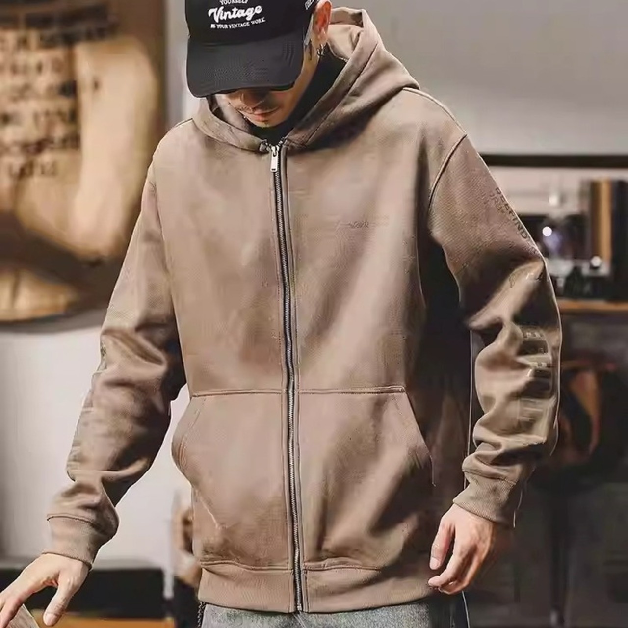 Sleeve Print Full Zip-Up Hoodie ◇2color H0807