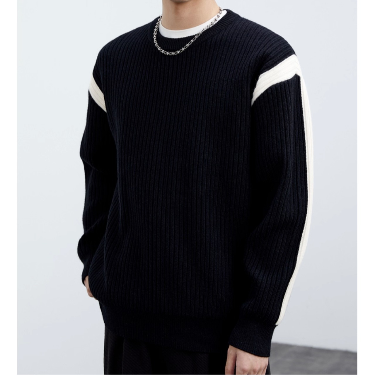 ショルダーラインデザイン ラウンドネック 長袖リブニット af0336