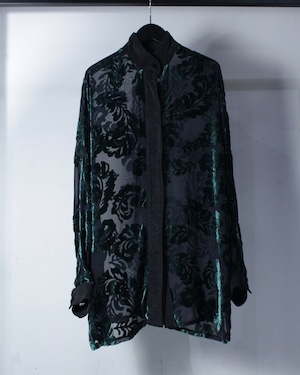【Caka BLACK】Botanical Flocky Design Vintage Band Collar L/S Sheer Shirt