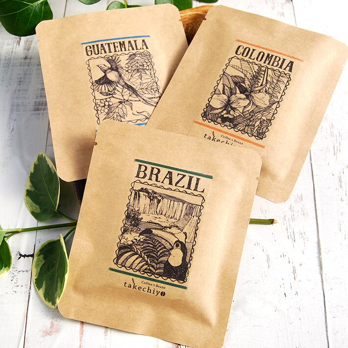 定番3種 ドリップパック6個入 コロンビア ブラジル グァテマラ 各2個 自家焙煎コーヒー豆 プチギフト ドリップパック Coffee Beans Takechiyo 自家焙煎コーヒー豆専門店