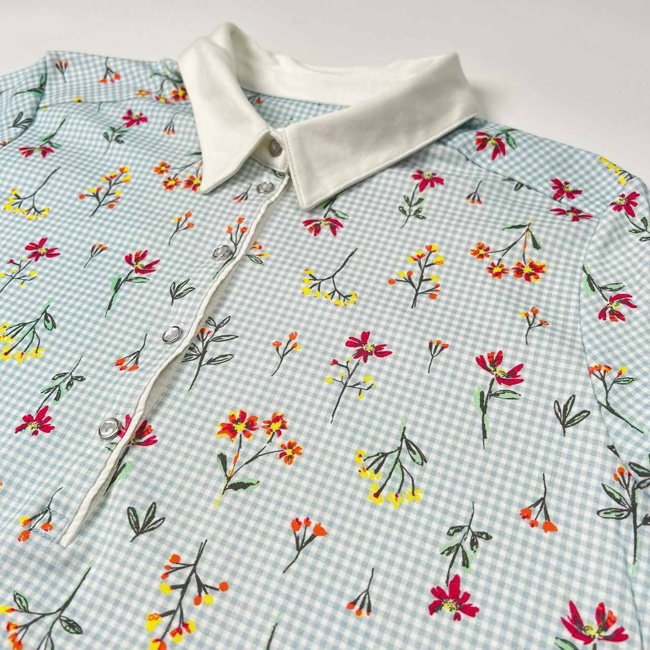 LANDS' END ランズエンド 花柄&チェック柄 半袖 ポロシャツ サイズ XL /レディース/水色系