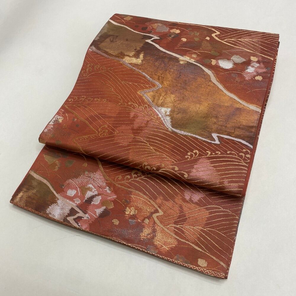 中古 礼装袋帯 正絹 連続模様 六通柄 レッド Bランク 409cm 5943
