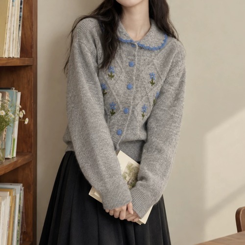 3色/刺繍フラワーステッチカラーニットカーデ ・79420