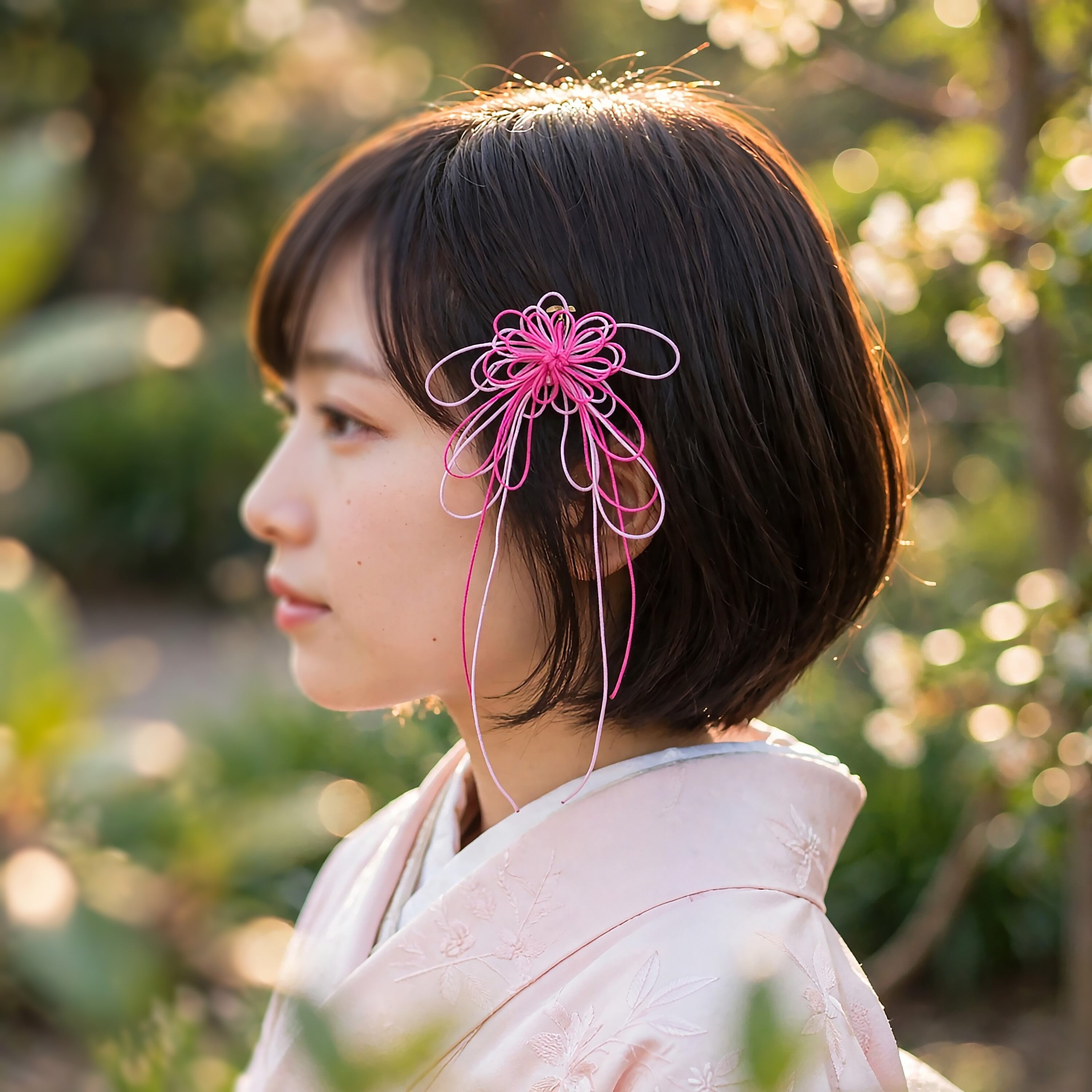 飾り結びヘアピン「明り、ほのや」(濃ピンク×淡ピンク)【軽量快適】ショートヘアも簡単和風アレンジ。