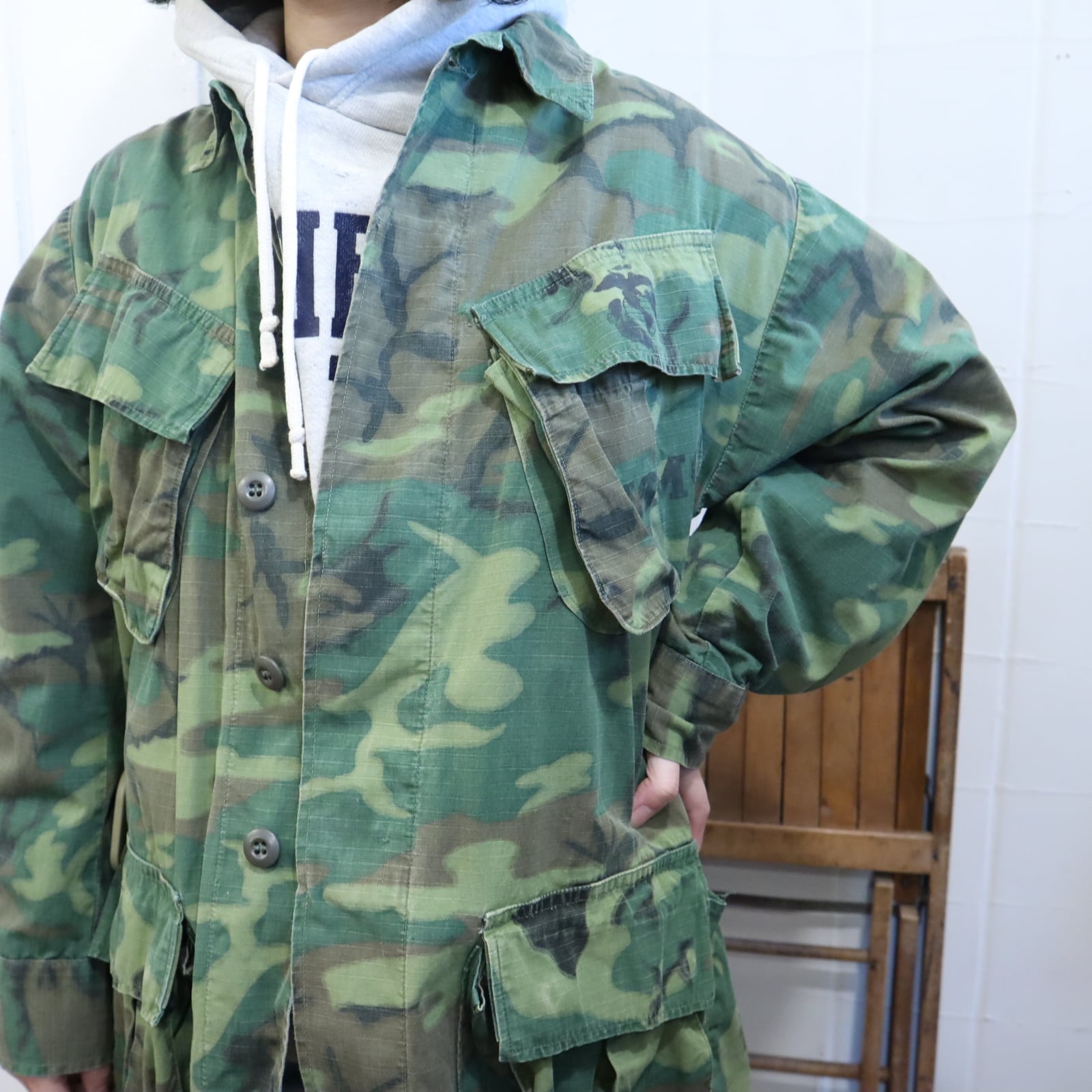 60s USMC green×khaki camouflage jungle fatigue jacket [l-4568