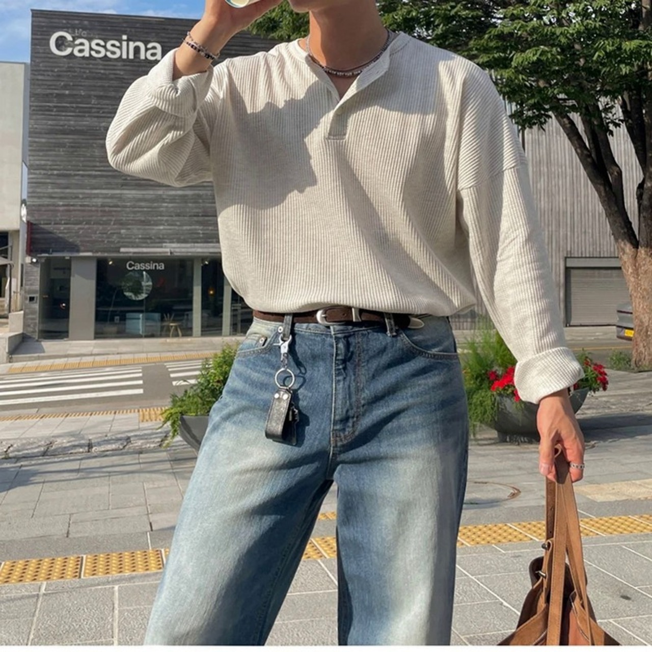 ヘンリーネックシンプルリブロングTシャツ　1280