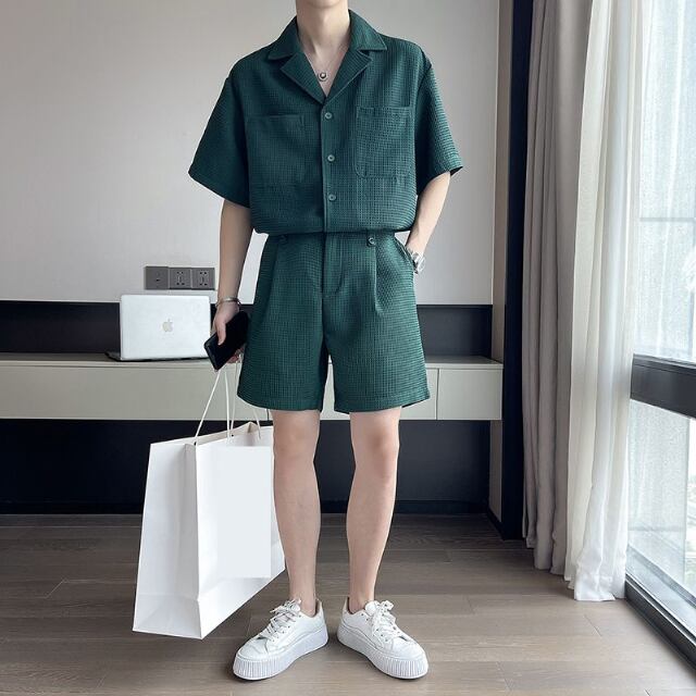 【予約販売】メンズ セットアップ 上下 ハーフパンツ 半袖 無地 ワッフル生地 グリーン ベージュ ブラック カジュアル 春夏 M/L/XL/2XL