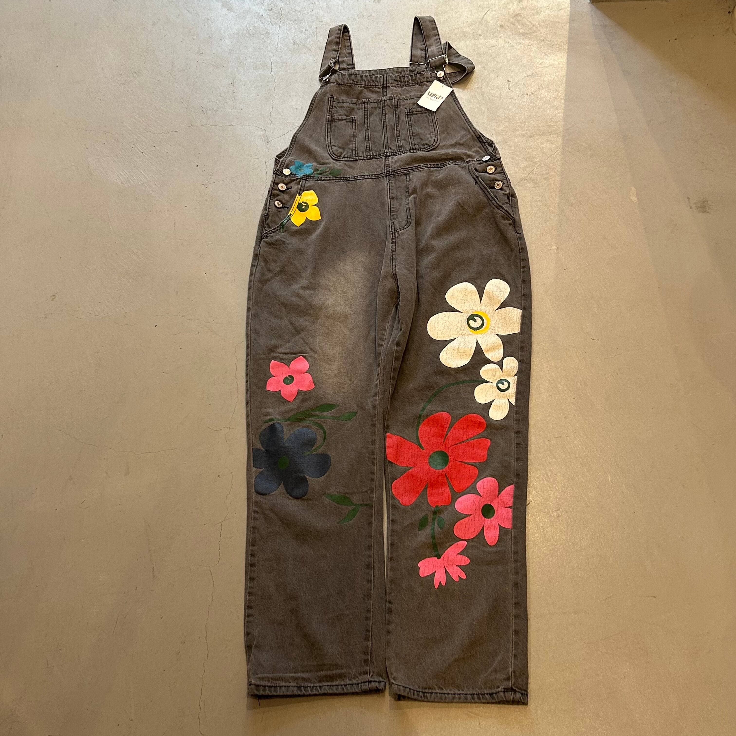 90s flower paint black denim over all【高円寺店】
