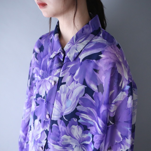 violet beautiful flower art pattern over silhouette see-through shirt