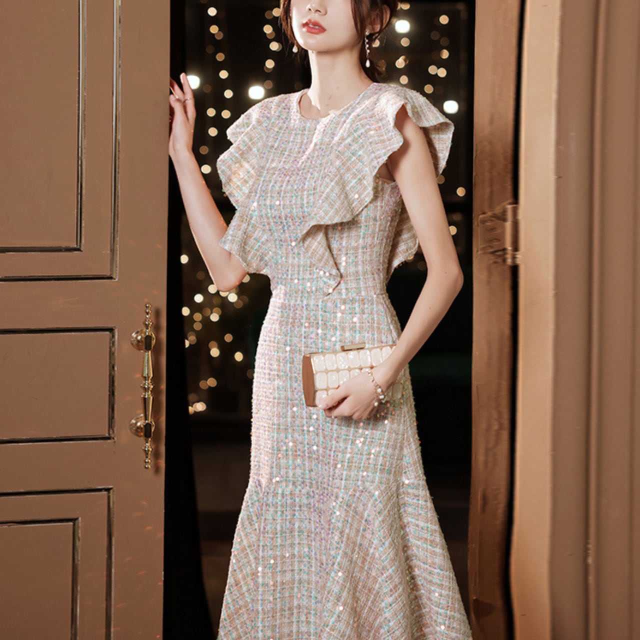 ツイード フリルスリーブ フィッシュテールドレス W121