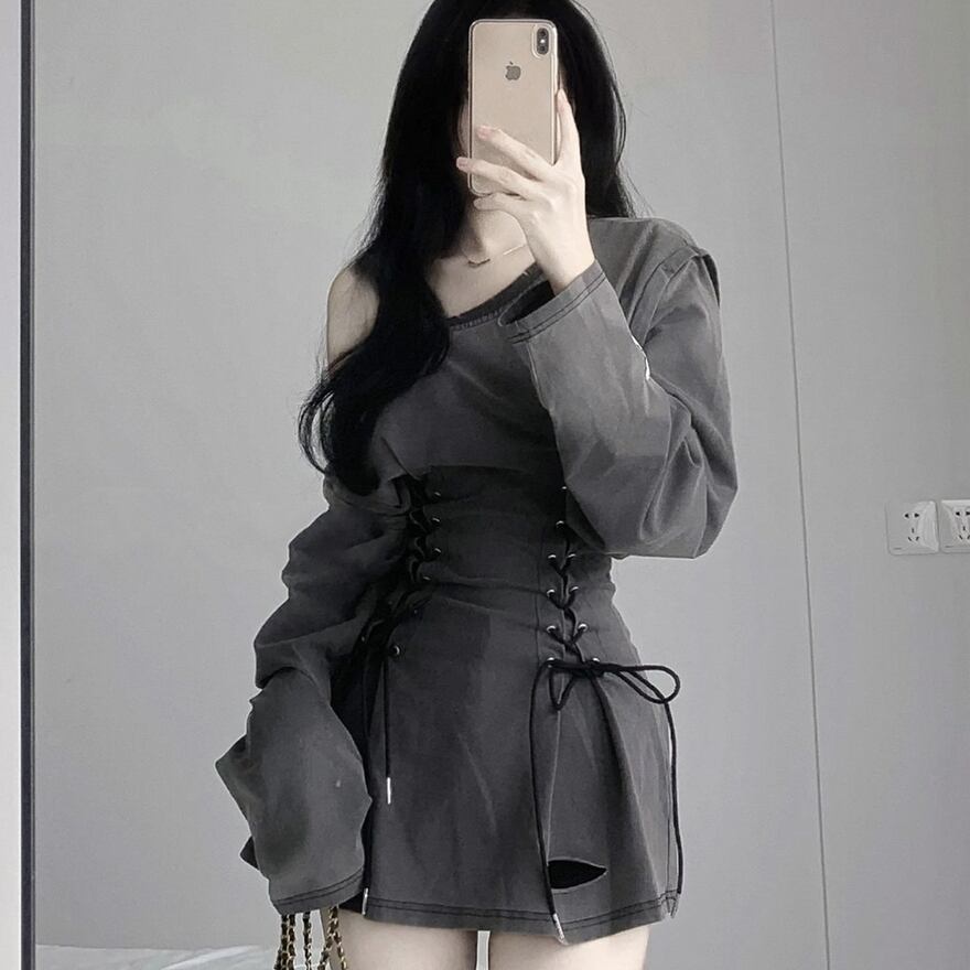 サブカル 服 地雷系 通販 ミニワンピ レースアップ ワンショル 韓国ファッション プチプラ