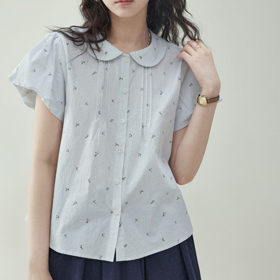 sweet puff sleeve cotton mini flower breasted top