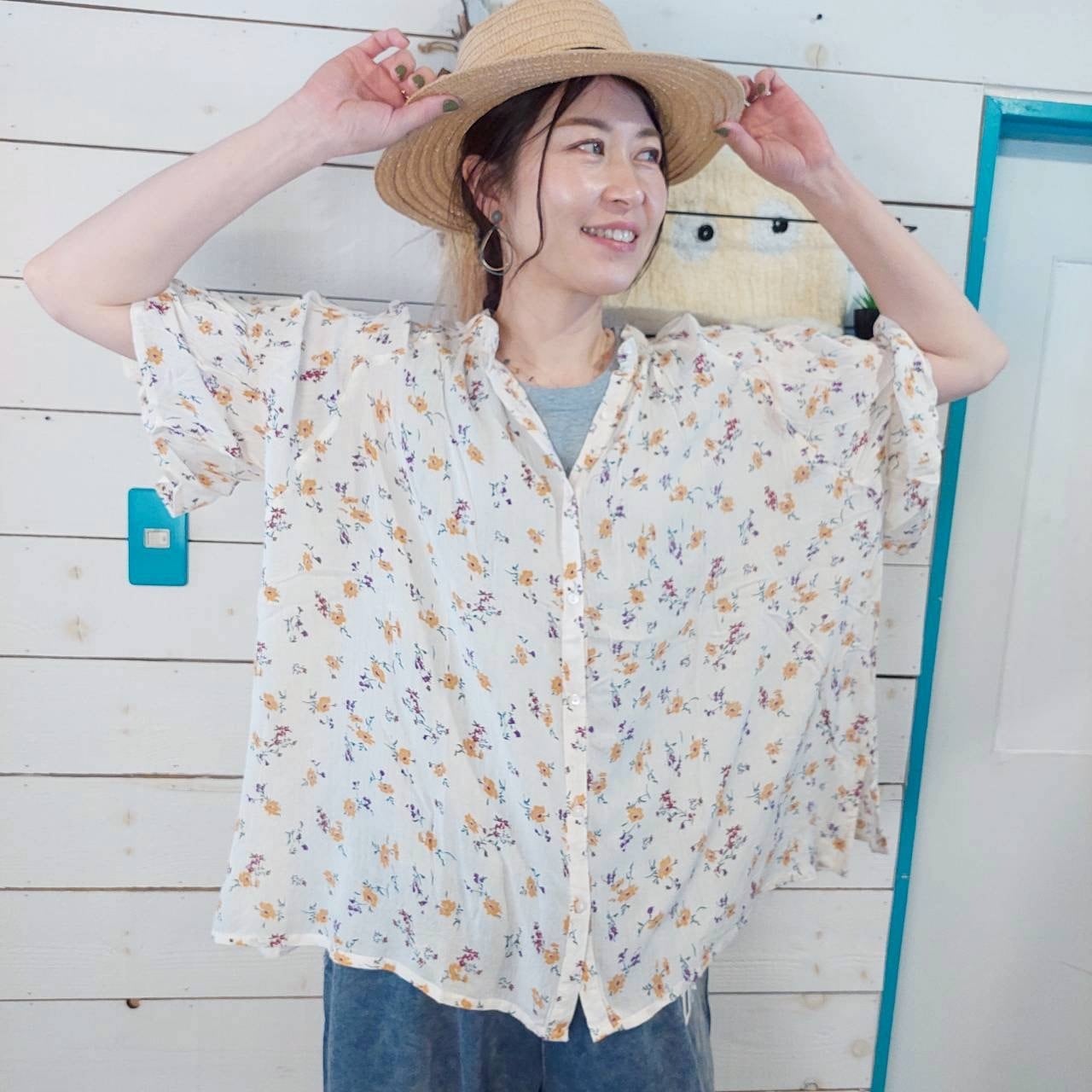 『People's』0915  レーヨン花柄プリント前後２WAYブラウス　