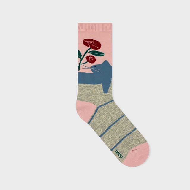 【JIN KITAMURA】北村人 SOCKS RED FLOWER & CAT ソックス 赤い花と猫