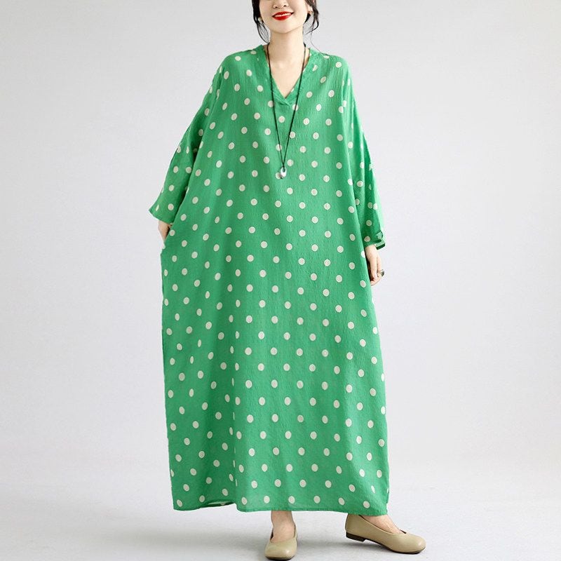 BATWING 3Q SLEEVE PRINT V-NECK LINEN DRESS M-18020