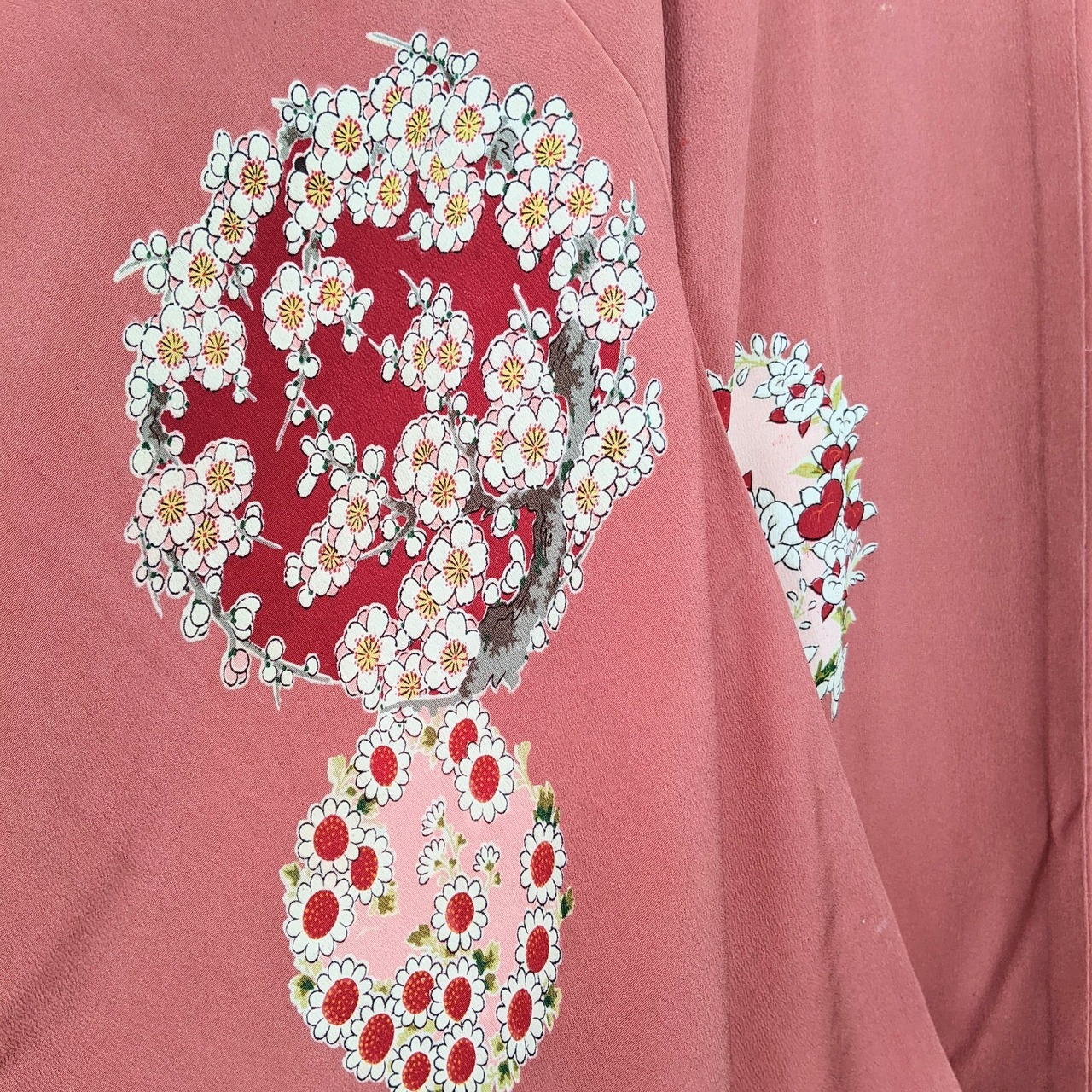 Vintage】HAORI 長羽織 羽織 正絹 縮緬 くすみピンク色 花丸文様 