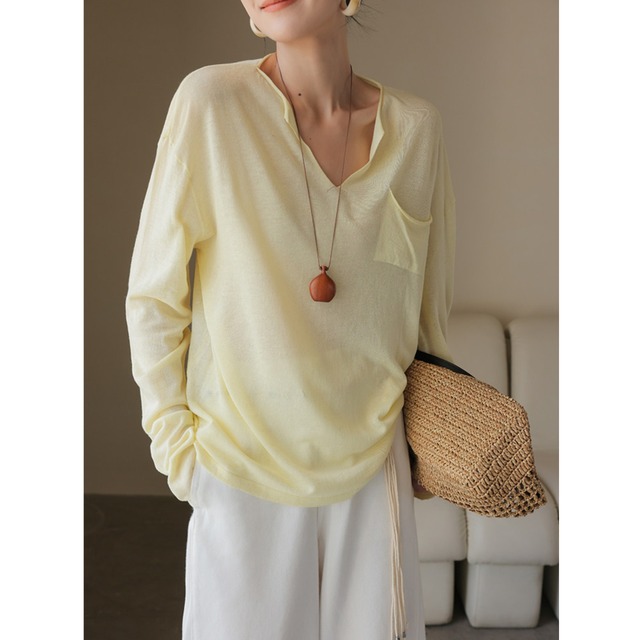 リネンブレンド Vネック カットソー 10081
