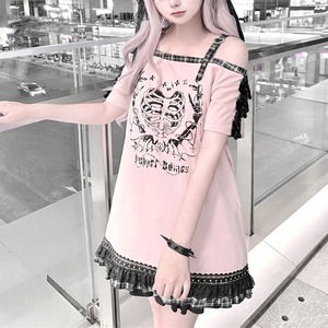 スケルトングラフィックオフショルダーTシャツワンピース(lli_7079)