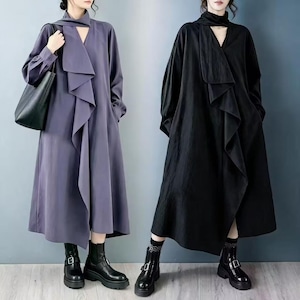 大きいサイズ 新品 秋冬 ロングワンピース ゆったり モード アシメ 長袖