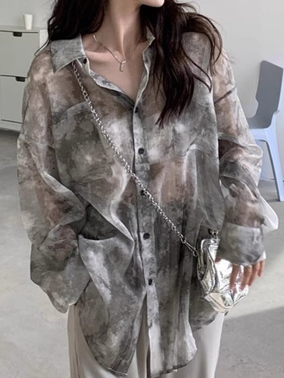 Retro Abstract Print Sheer Shirt*S-488