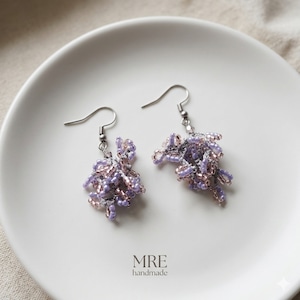ビーズクロッシェ　じゃらじゃらピアス　ピンク×パープル×シルバー