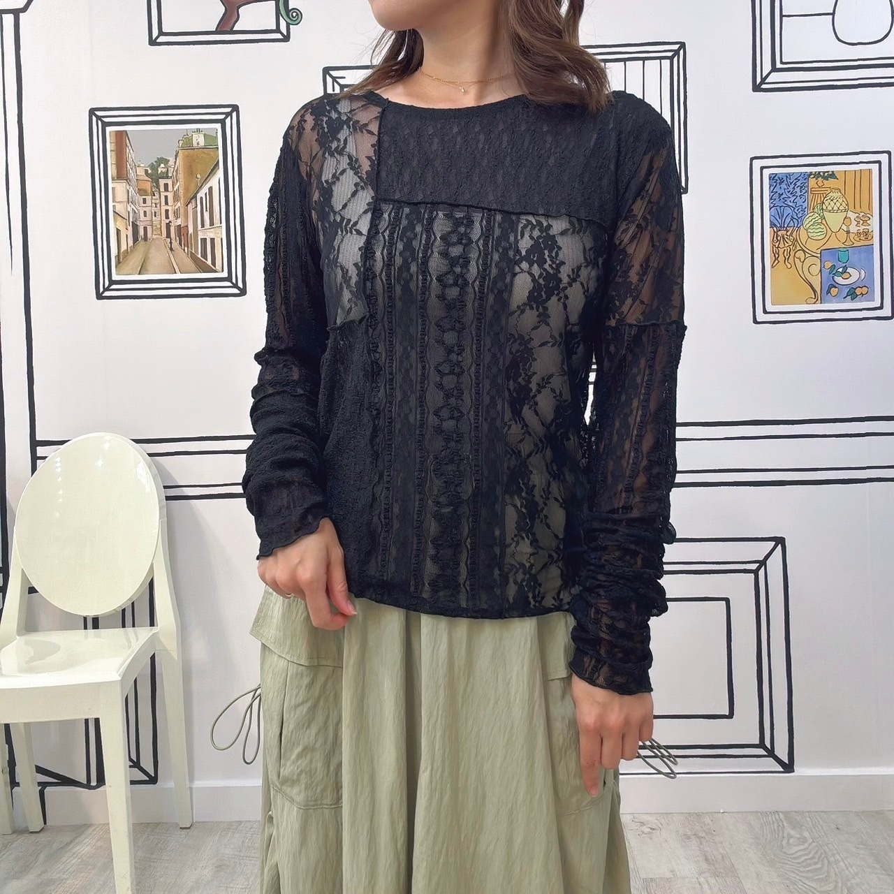 パッチワークシアーレースプルオーバー