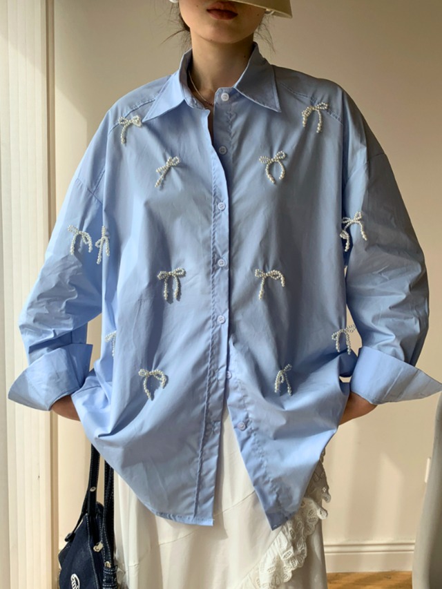 2colors ：：Pearl Bow Embroidered Shirt