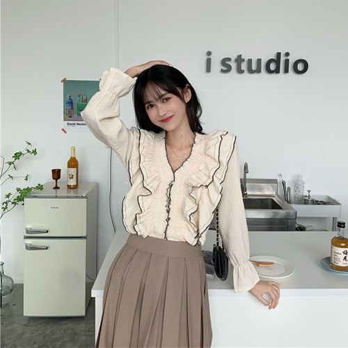 ✞Vネックラッフルフリルシャツブラウス ロング スウィート ステッチ ✞ゴスロリ SM ミリ 甘ロリ クラロリ 和ロリ エレガント 黒ロリ 姫ロリ 華ロリ BB-BB21385256938