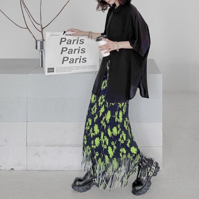 Fringe floral pleated long skirt C1095