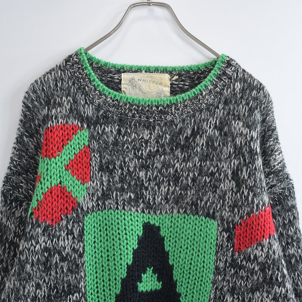 60~70s WHISPER 英字 エンブレム ジャガードデザイン プルオーバーニット ヴィンテージ セーター ブラック系 ビンテージ メンズXL相当
