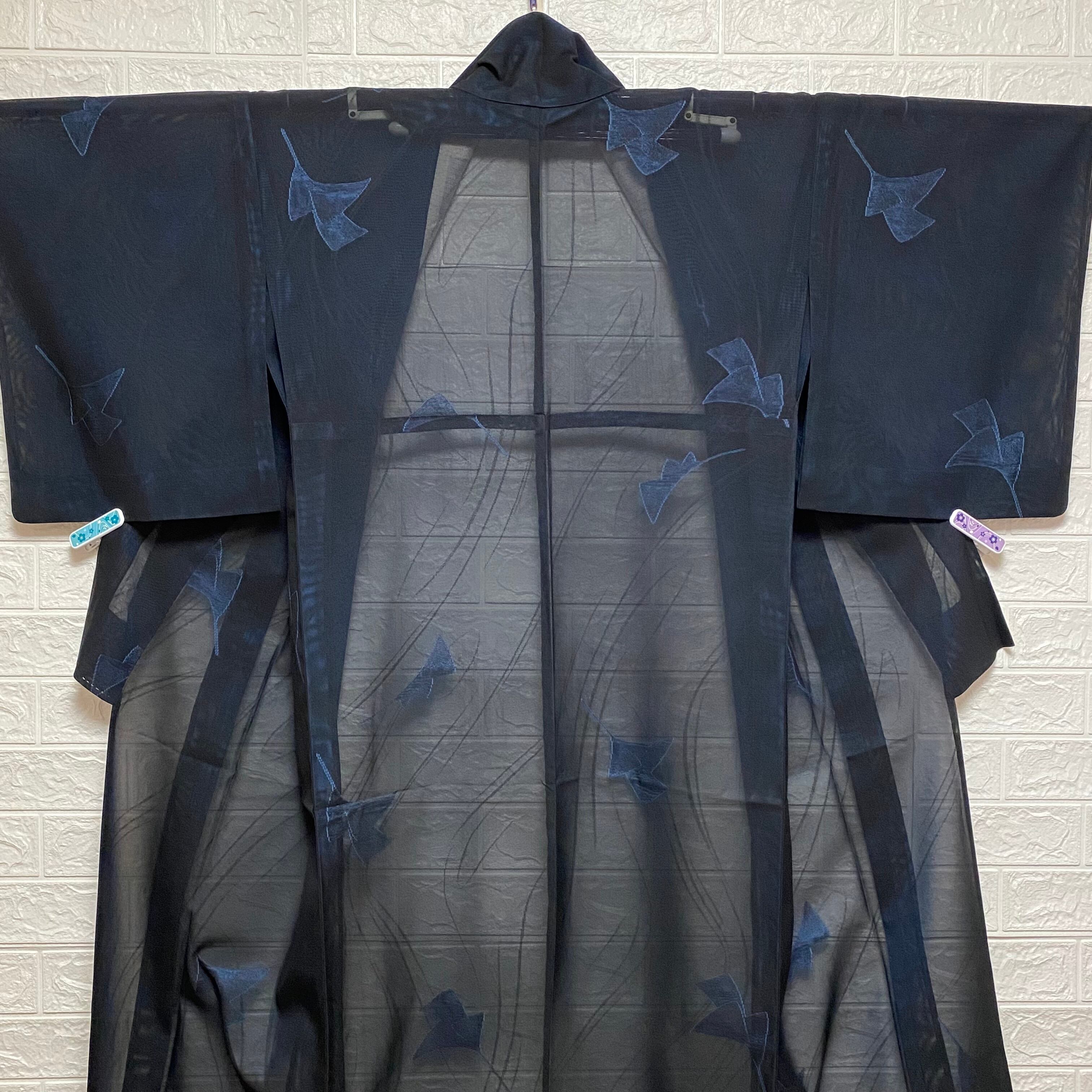 薄物 紗】夏着物 小紋 葉模様 黒色 紺色 着物 和洋 清涼感 昭和レトロ