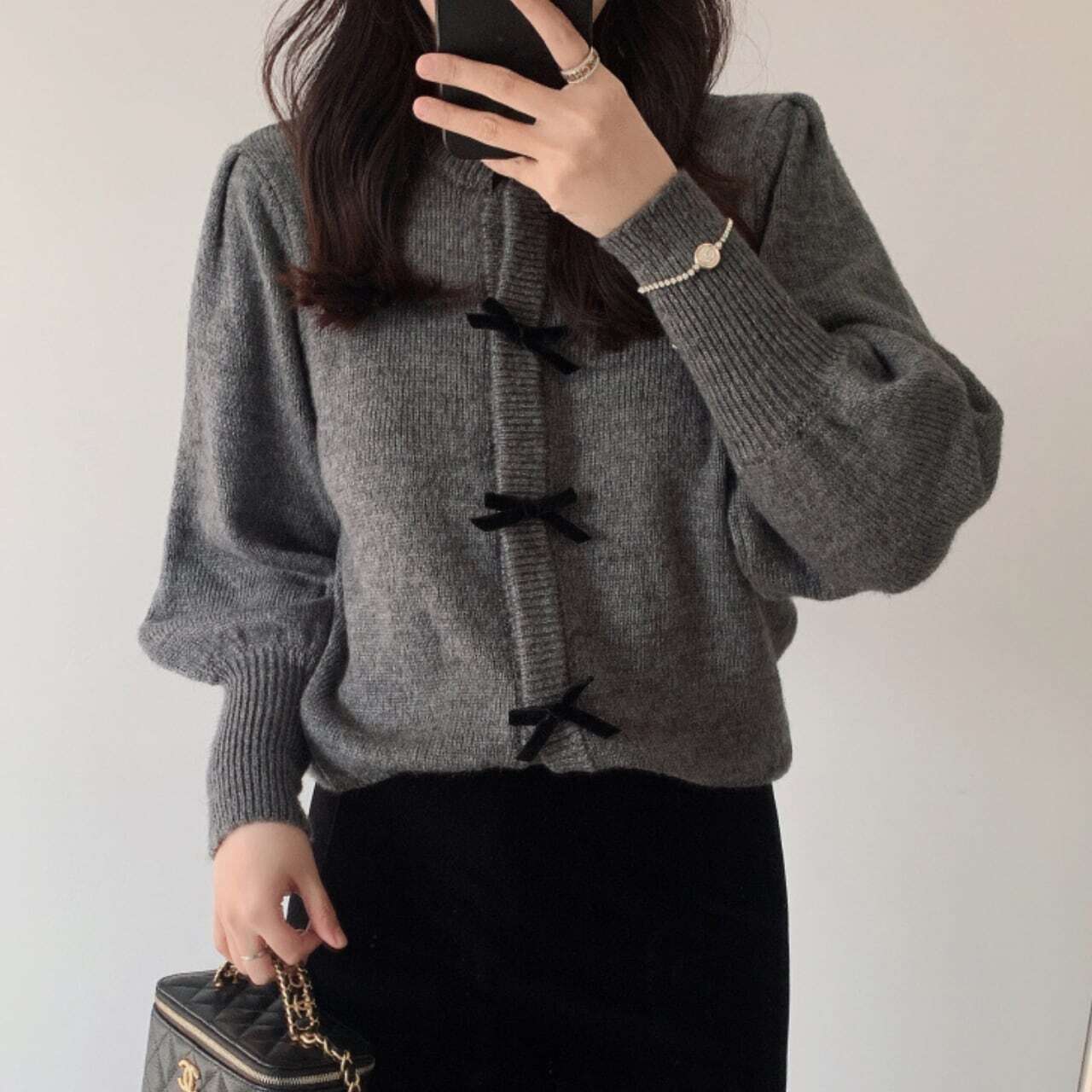 ベロアリボングレーニットカーディガン【051104】 | ROSE AURA 