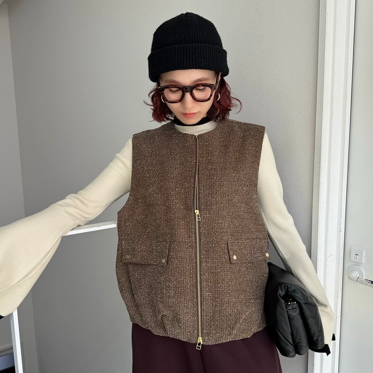 バルーンシルエットMIXツイードvest/ブラウン