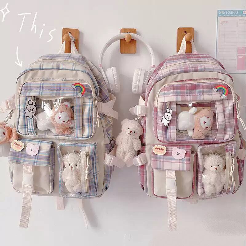 好きを詰め込む 痛リュック ピンバッジ キーホルダー セットアイテム チェック柄 バックパック クリア素材 推しごと 推し活 パステルカラー 地雷 Lamitte Deco トレンド 韓国ファッション ショップ Base店