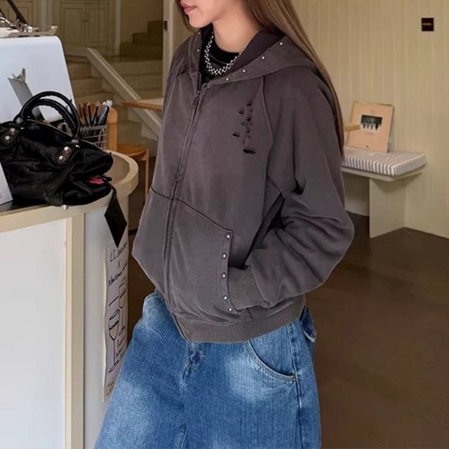 ダメージデザインスタッズジップフーディー 2col   R01829