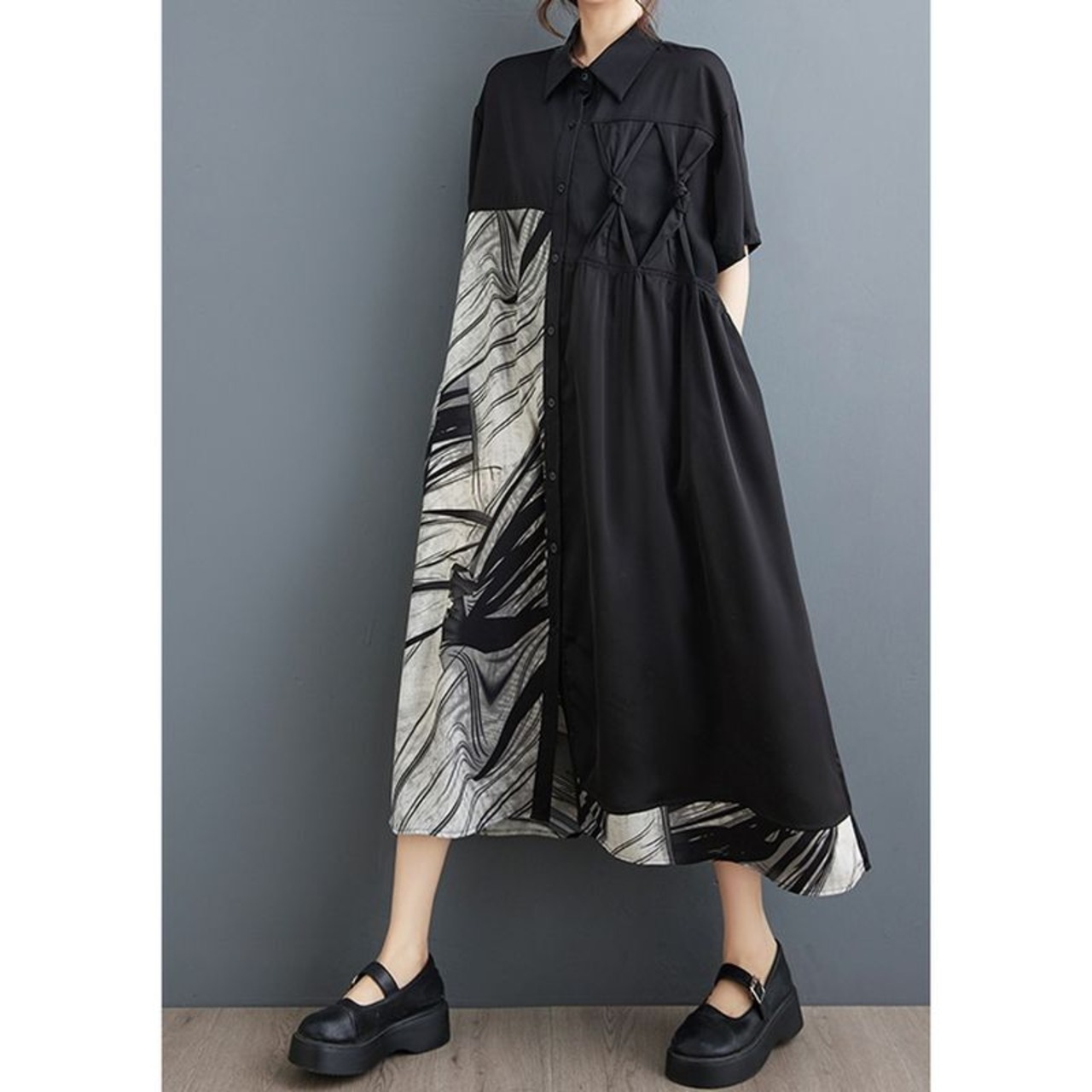 アシンメトリー 結びモチーフ シャツワンピース  30092