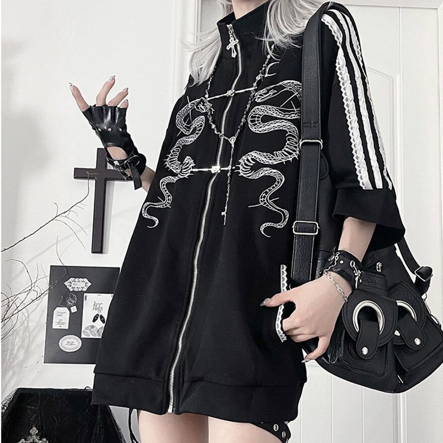 ゴスロリ通販 With U 地雷系 シャツ 7分袖 ロング丈 刺繍 ジップアップ ストリートファッション