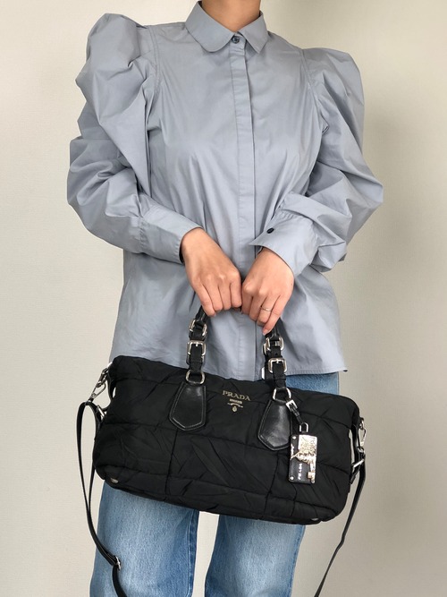 PRADA プラダ ハンドバッグ ブラック ロゴ チャーム ナイロン レザー 2way ボストン vintage ヴィンテージ オールド yxdwny