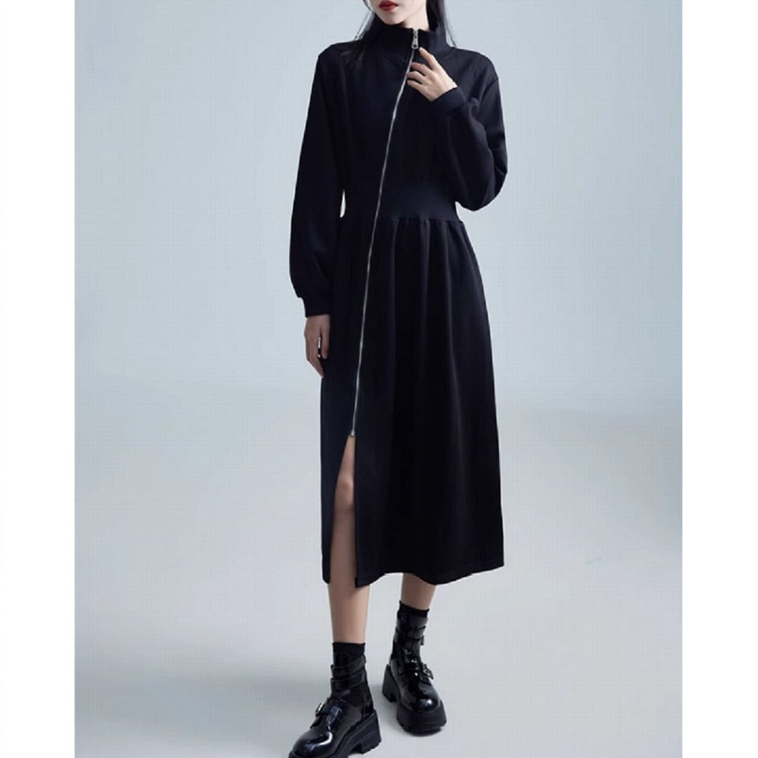 黒のハイネックジッパーワンピース ハイネックスウェットジップワンピース ON0598 | Style Sombre