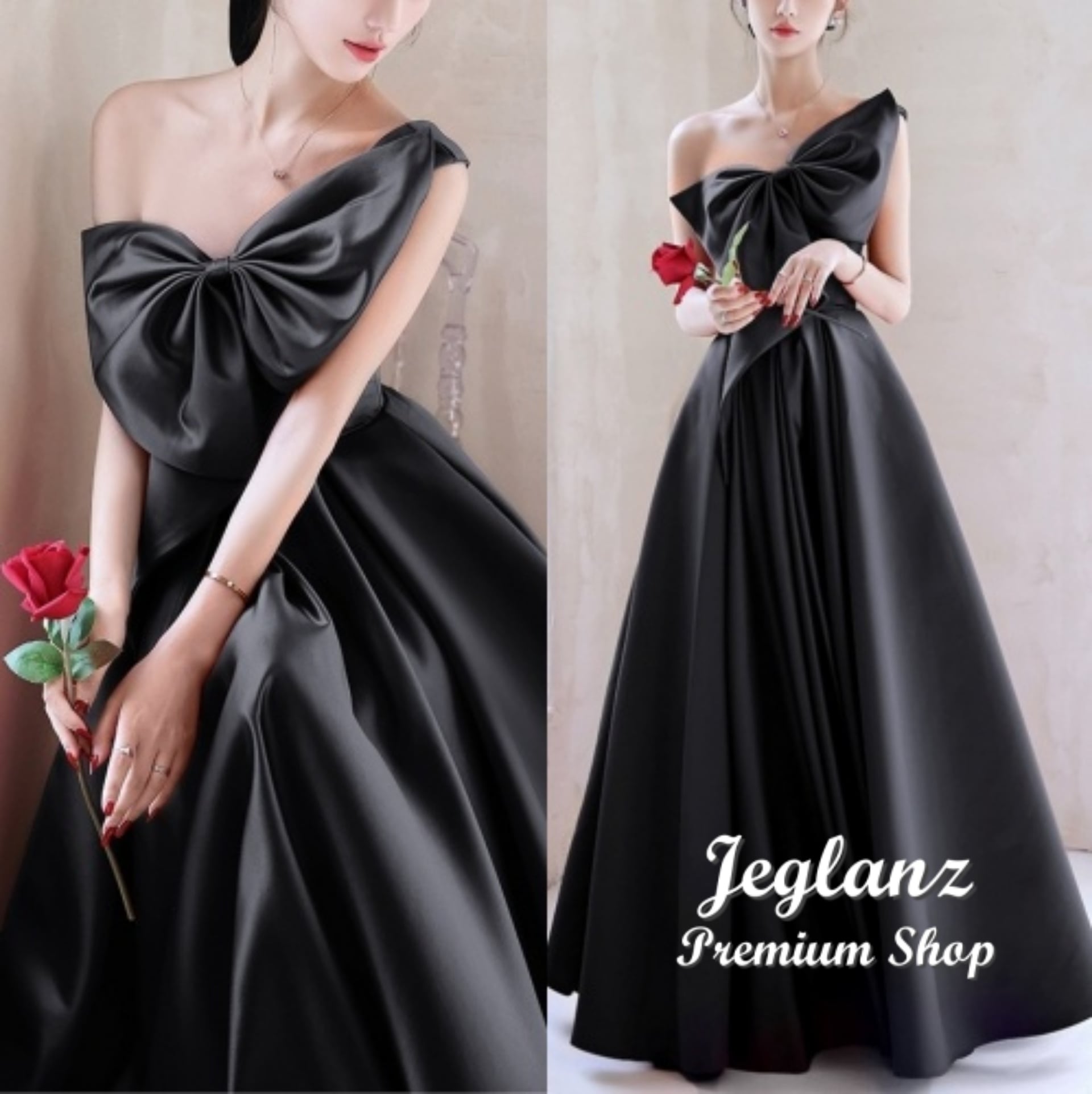 2色 イブニングドレス ワンショルダー ビックボウ 大人 シンプル (M2734)★ ζ