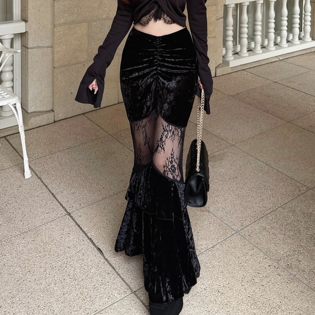 ベロアレースデザインティアードロングスカート