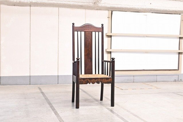 松本民芸家具 20万「HB型ラッシアームチェア」ｂ ミズメザクラ 藺草 和風洋家具 ハイバックチェア アンティーク家具【中古家具/中古インテリア/USED家具ユーズド家具/リサイクル】