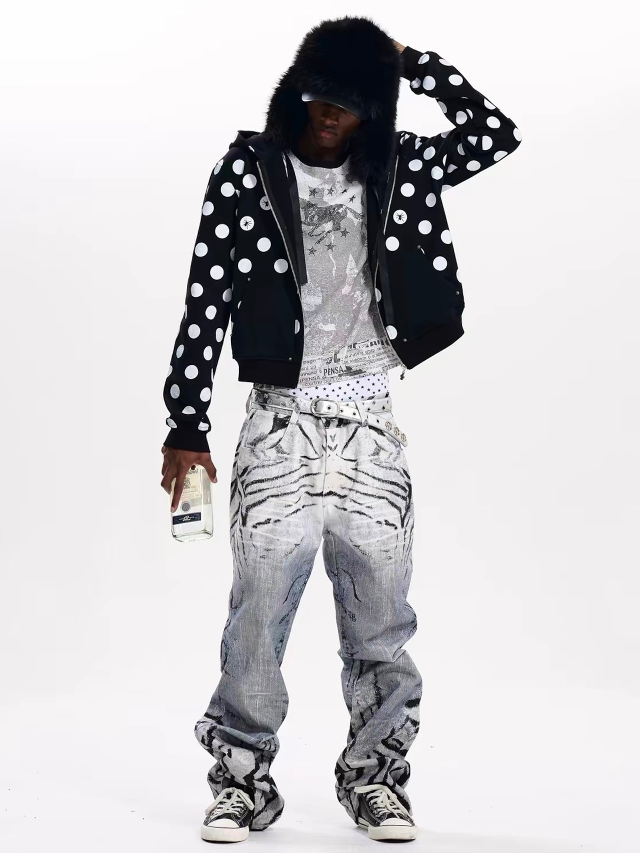 【Fourth3ex】Zebra Print Distressed Denim Pants